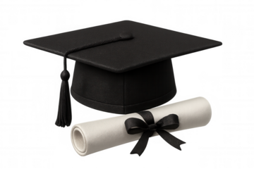 Academic achievement symbols featuring mortarboard and diploma, symbolizing educational milestone against transparent backdrop