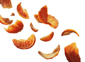Fototapeta premium Close-up of vibrant orange citrus fruit segments and peels floating against black background