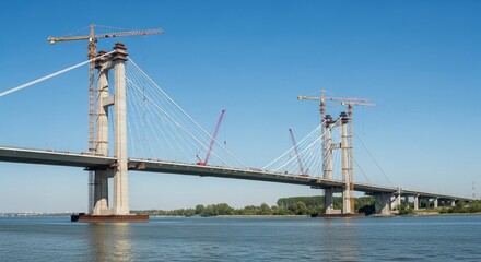 Obraz premium Wide panoramic shot of a suspension bridge under construction over a calm river, cranes lifting steel sections, clear blue sky with empty space for copyspace, minimal text distractions, modern enginee