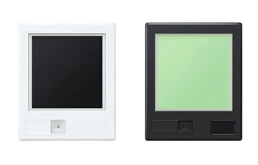 Fototapeta premium Two square, white and black, electronic devices with screens. Each has a button and a display