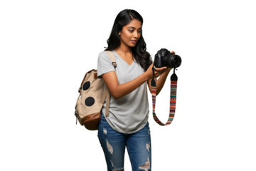 Young Indian woman traveler with a backpack checking photos on her camera.