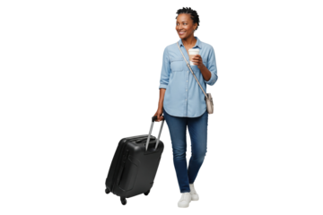 Happy African American woman in casual clothes walking with a suitcase and coffee for travel.