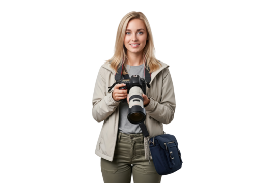 Portrait of a smiling female nature photographer holding a professional camera with a long lens. - Powered by Adobe