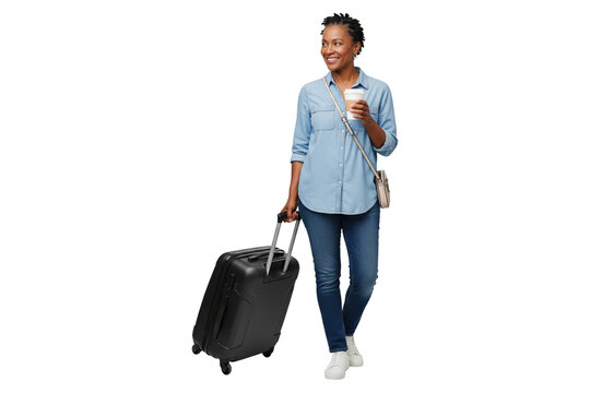 Happy African American woman in casual clothes walking with a suitcase and coffee for travel.