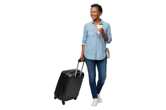 Happy African American woman in casual clothes walking with a suitcase and coffee for travel.