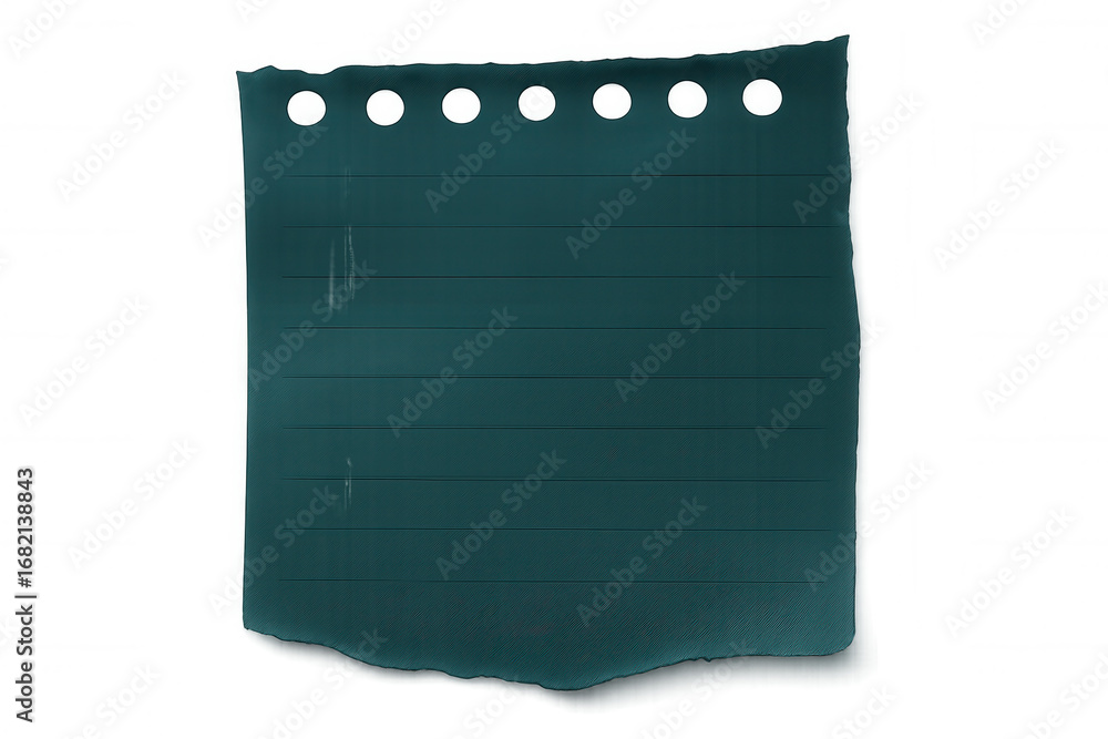 Aufkleber torn teal notebook page with perforation marks, detached from spiral binding, lying on clean transpa