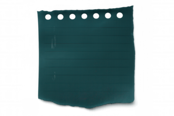 Torn teal notebook page with perforation marks, detached from spiral binding, lying on clean transparent surface