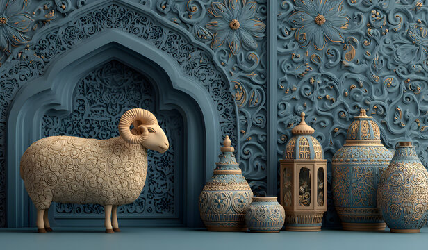 Eid al adha decoration bacground with goat sheep, arbic lantern, mosque window ramadan kareem, mawlid, itar, eid al fitr, muharram copy space text area, 3D llustration.