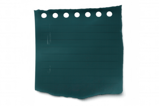 Torn teal notebook page with perforation marks, detached from spiral binding, lying on clean transparent surface