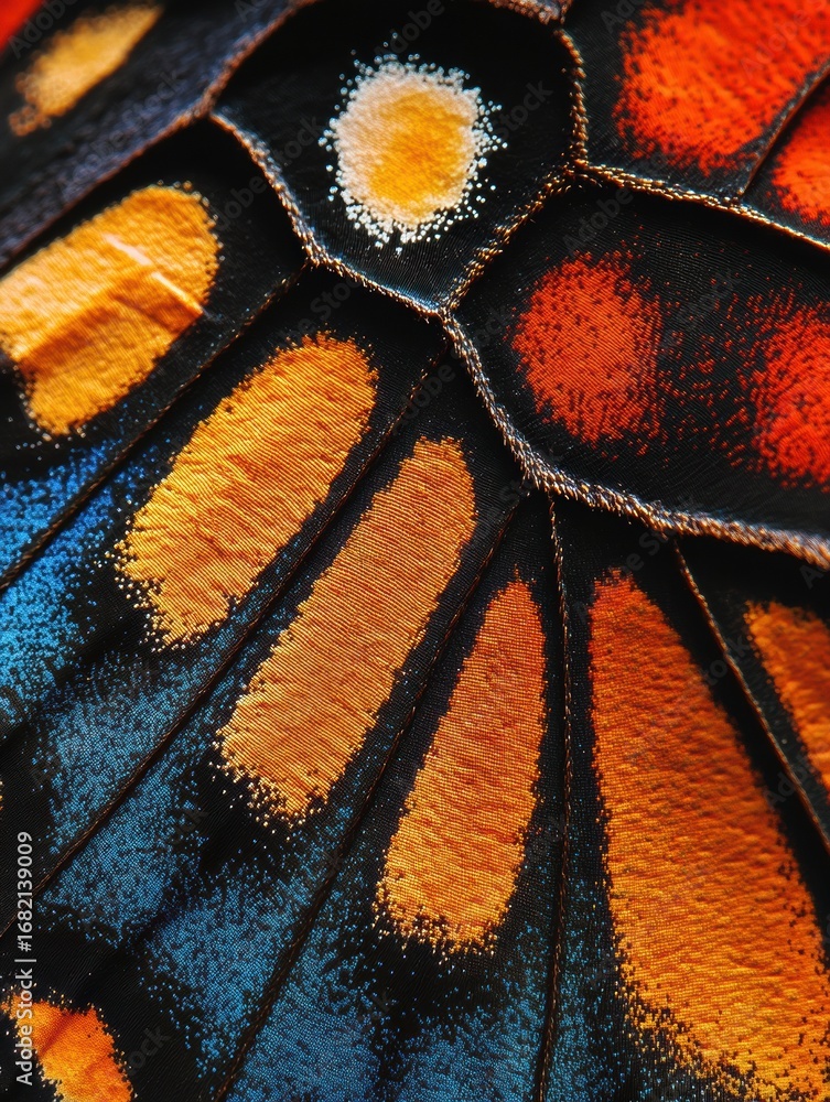 Poster close up of a colorful butterfly wing showcasing intricate patterns and vivid colors in nature durin
