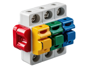 Modular Electrical Terminal Block: A close-up shot of a modular electrical terminal block, with brightly colored modules indicating different circuit connections.