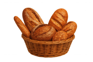 Freshly baked bread loaves of various shapes and sizes filling a wicker basket, isolated on a transparent background