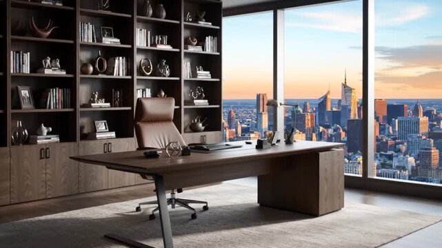 Executive office with city view and large wooden bookcase unit