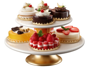 Delightful Cake Display: A tempting array of beautifully decorated individual cakes sit atop an elegant tiered stand, showcasing an assortment of flavors and garnishes.