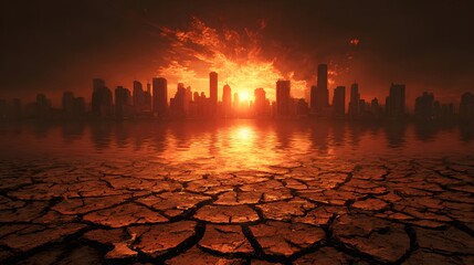 Inferno Cityscape: An apocalyptic scene unfolds as a fiery sun descends upon a silhouetted city, casting an eerie reflection across a cracked, desolate terrain.