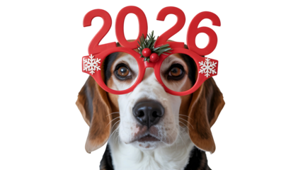 Beagle dog wearing 2026 New Year glasses, ready for festive celebrations and joyful moments