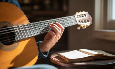 Fototapeta premium Close-up of hands playing a classical guitar with sheet music nearby in warm sunlight