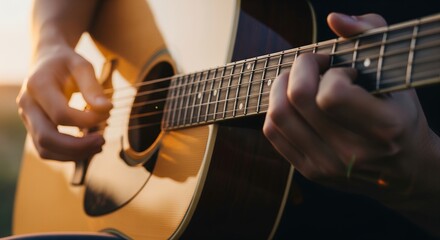 Close-up of Hands Playing Acoustic Guitar at Sunset