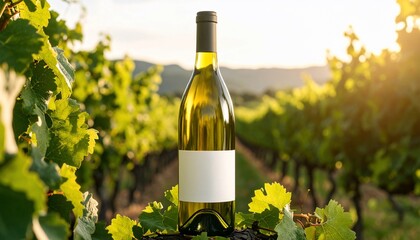 White wine bottle in vineyard at sunset with ready for label  branding Winery concept.