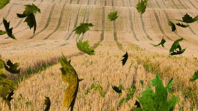Breeze blowing green leaves swirling and twisting above golden wheat stubble to visualize wind flow