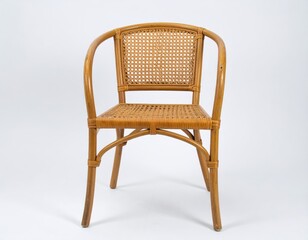 Fototapeta premium A close-up studio shot of a wicker chair with a woven backrest and armrests.
