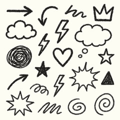 Hand-Drawn Doodle Vector Elements. Arrows, Stars, Clouds, Hearts, And Symbols Sketch Set