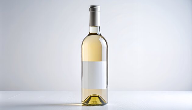 A single bottle of white wine with a blank label stands on a reflective white surface against a bright, neutral background.