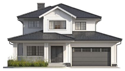 Two-story white house with dark gray roof and garage