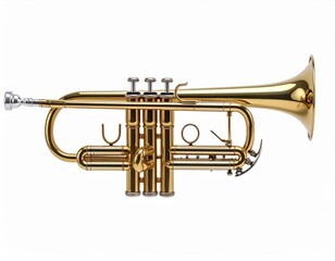 A gleaming brass trumpet rests against a stark white background, showcasing its intricate design.