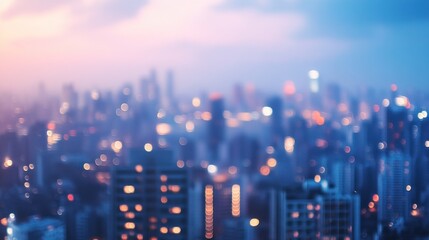 Fototapeta premium A blurred cityscape at dusk, showcasing urban lights and buildings.