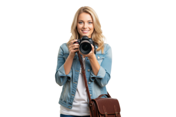 Portrait of a happy young female photographer in a denim jacket holding a professional camera.