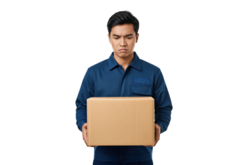 Disappointed Asian delivery man in uniform looking sadly at a cardboard package.