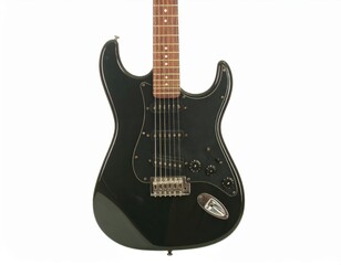 A black electric guitar with a brown neck is displayed against a white background.