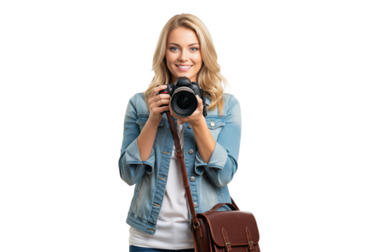 Portrait of a happy young female photographer in a denim jacket holding a professional camera. - Powered by Adobe