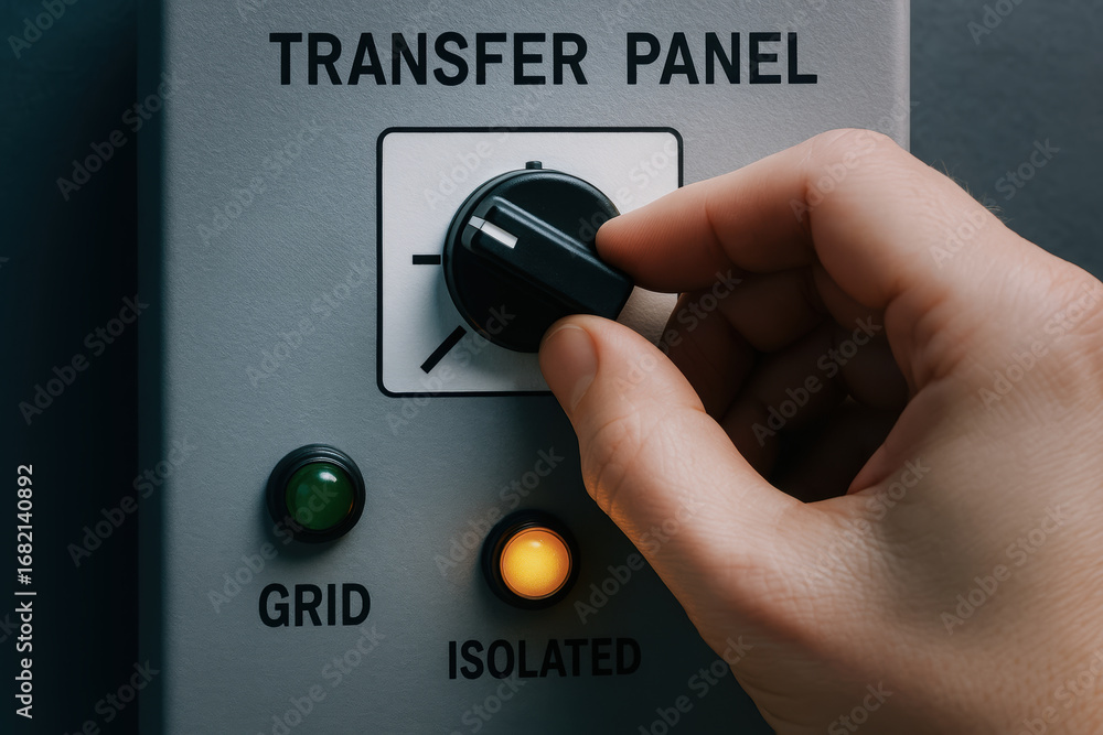Aufkleber hand adjusting transfer panel switch during power outage with grid and isolated indicator lights on 