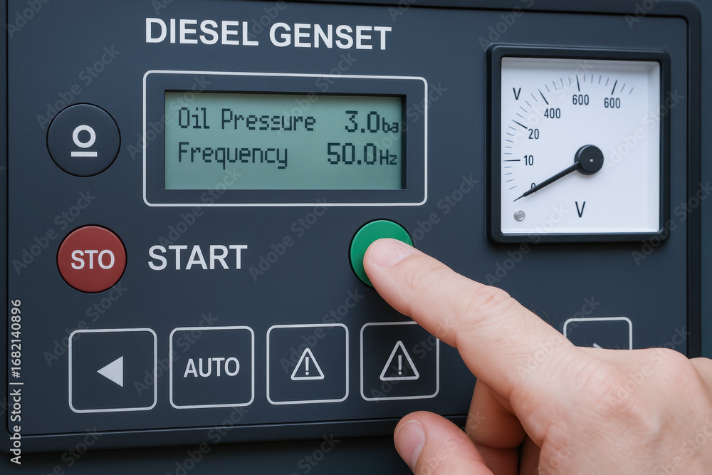 Poster diesel generator control panel with finger pressing start button to restore power during outage ensu