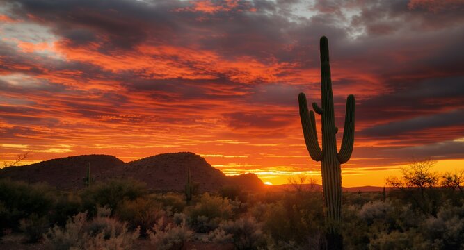 Dramatic Desert Sunset with Saguaro Cactus Silhouette