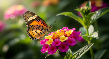 Fototapeta premium Delicate butterfly landing on colorful spring flower in natural garden setting