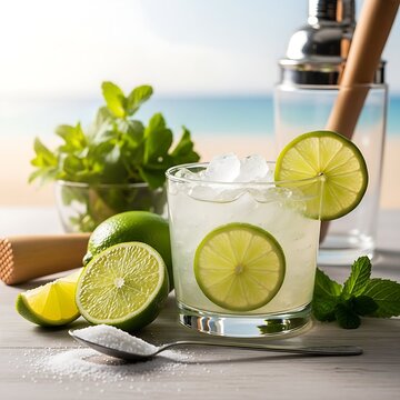 A glass of classic Caipirissima with ice and lime slices, garnished with mint leaves. The cocktail sits on a light wooden table, with fresh limes, sugar, and a cocktail shaker in the background,