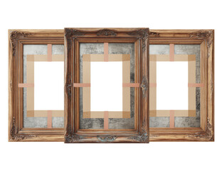 Three antique-style picture frames, vertically aligned, each with blank, protected interior panels