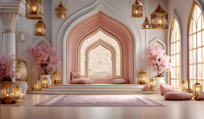 Islamic display podium decration background with mosue window, ramadan kareem,mawlid, iftar, isra miraj,eid al fitr adha, muharram 3D illustration.
