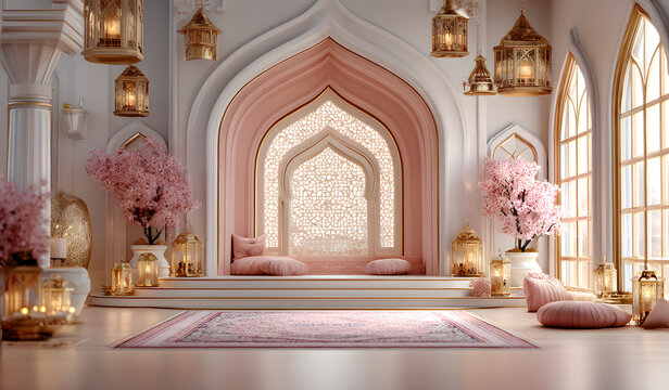 Islamic display podium decration background with mosue window, ramadan kareem,mawlid, iftar, isra miraj,eid al fitr adha, muharram 3D illustration.
