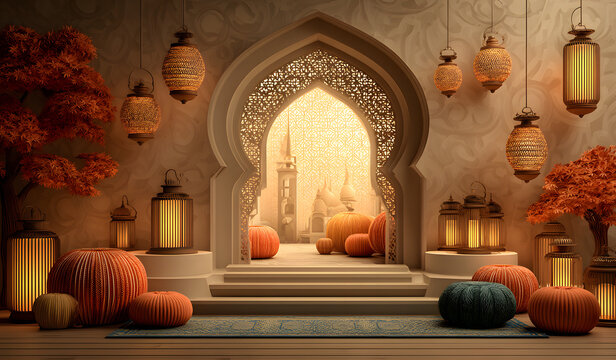 Islamic display podium decoration background with moque window lantern, ramada kareem, mawlid, iftar, isa miraj, eid al fitr adha,muharram, 3D illustration