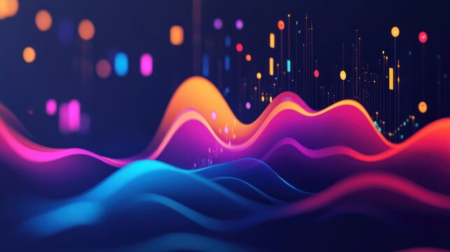 Abstract digital waves with vibrant colors and light elements, suggesting data visualization.
