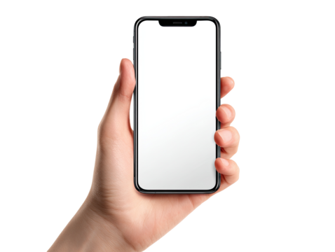 Close-up of a hand holding a black smartphone with a blank screen.  The phone is oriented vertically and positioned in the palm of a light-skinned hand.  The display is bright white