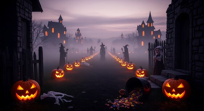 Haunted Halloween Town Scene with Jack-o-Lanterns Foggy Path and Spooky Decorations
