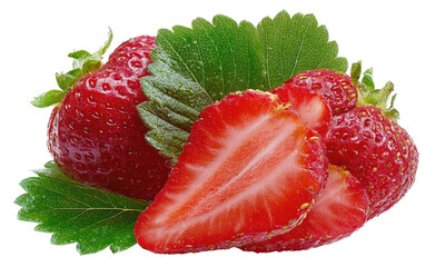 Fresh strawberries with leaves.  Close-up of vibrant red strawberries,  some sliced,  with vibrant green leaves
