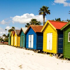 Colorful beach huts on a sunny day