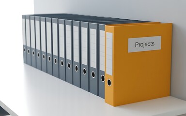 Row of office binders with one yellow binder labeled project
