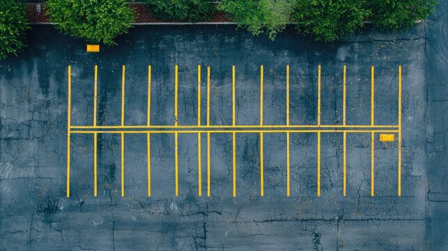 Aerial View of an Empty Asphalt Parking Lot with Yellow Lines and Green Bushes in Daytime